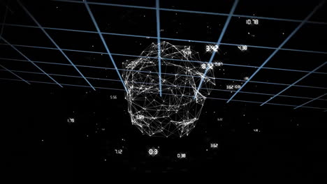 geometric shapes and numbers animation over grid lines on black background
