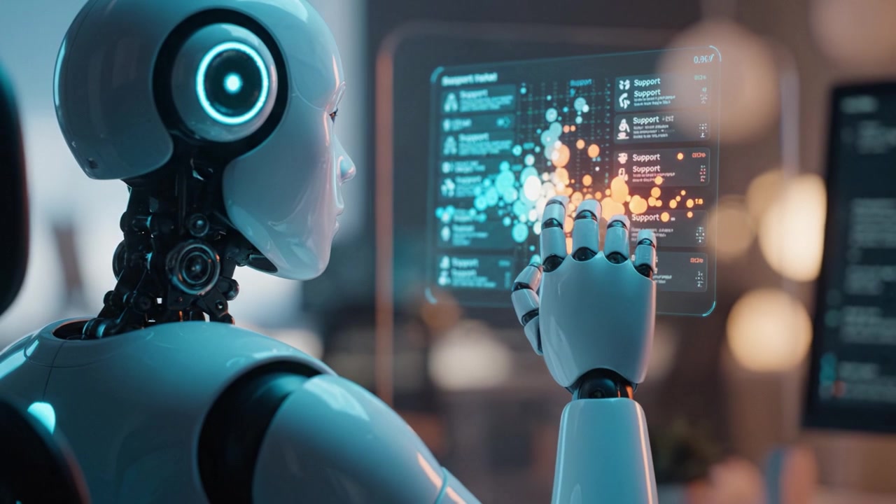 Futuristic Robot Engaging with Digital Interface in a High-Tech Environment, Demonstrating Advanced Interaction and Artificial Intelligence Capabilities