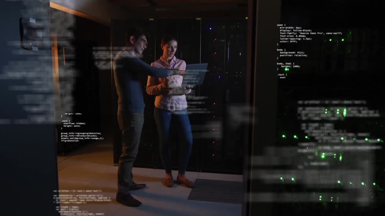 Animation of data processing over diverse woman and man checking servers