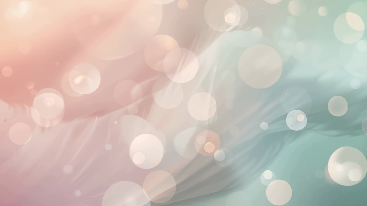 Starting pastel backdrop with peach left, aqua right, drifting bokeh and flowing veil for overlays