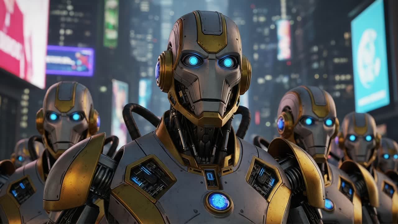 A Group of Advanced Humanoid Robots with Striking Blue Eyes Stand in a Futuristic Urban Environment, Showcasing Their Metallic Bodies and High-Tech Design Amidst Neon Lights