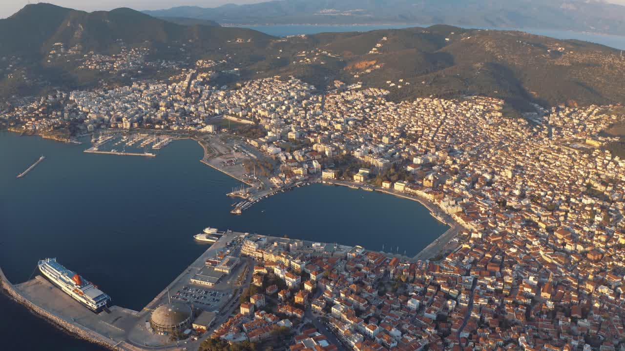 Aerial  Drone Pan Down View Over Port Of Lesbos In Mytilene City, Greece