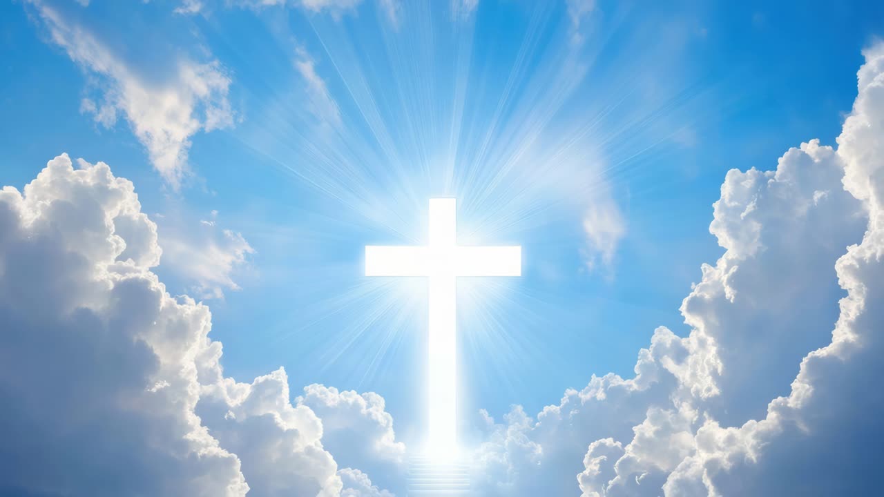 A heavenly scene with a glowing cross in the sky, surrounded by clouds