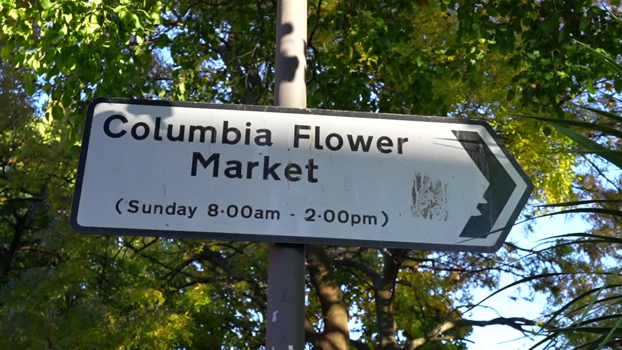 Columbia Road Flower Market sign in London pointing towards the market's Sunday opening hours