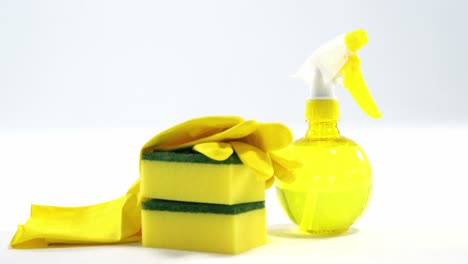 cleaning sponge, gloves and spray bottle