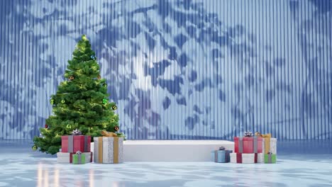 Christmas-tree-with-ornaments-and-wrapped-presents-on-a-red-floor-against-a-blue-background