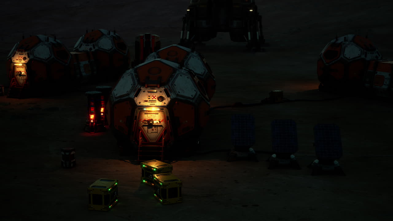 Mars colony base shines in the night with glowing structures and cargo
