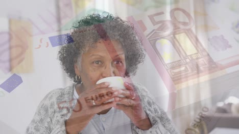 Animation-of-senior-woman-drinking-tea-over-euro-currency-bills