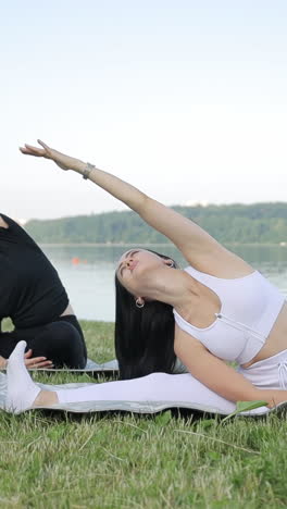 two beautiful fitness girlfriends in sportswear are doing yoga in the park two beautiful fitness girlfriends in sportswear are doing yoga in the park