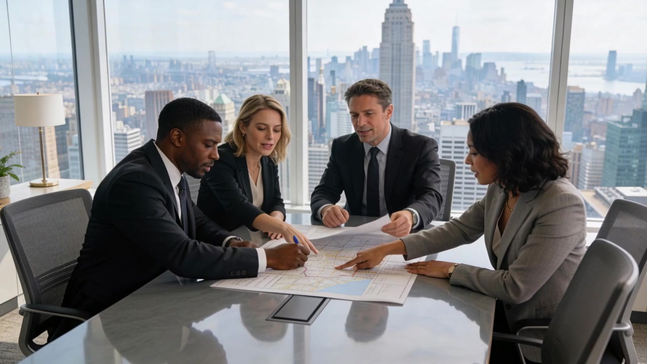 Presenting lead man handing extra sheet while suited team annotating blueprint in office for review