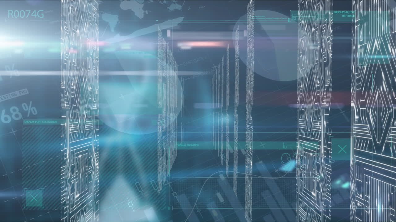 Animation of financial data processing over columns with computer circuit board