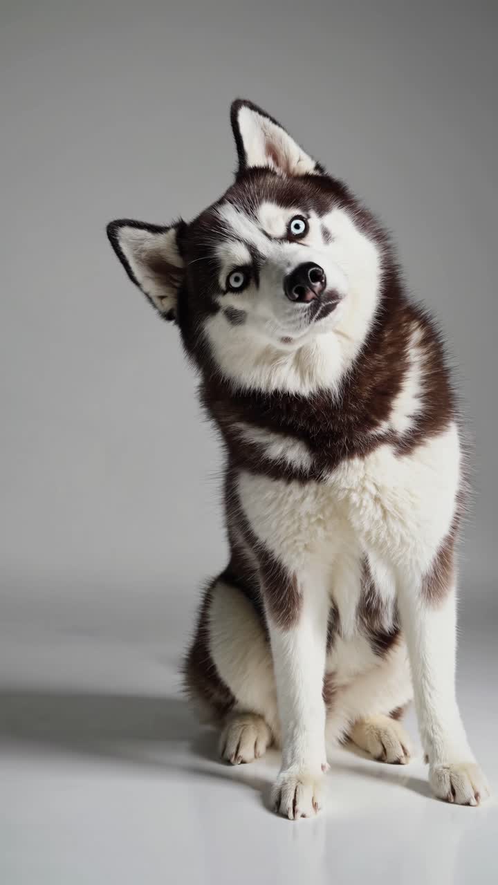 A curious husky tilts its head, captured in a studio setting