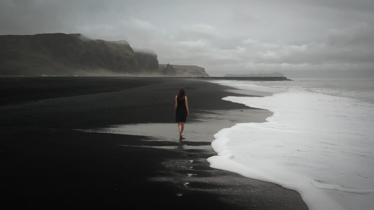 una joven hermosa con un vestido negro caminando por la playa de arena negra de islandia, las olas fluyen, el seguimiento de la toma