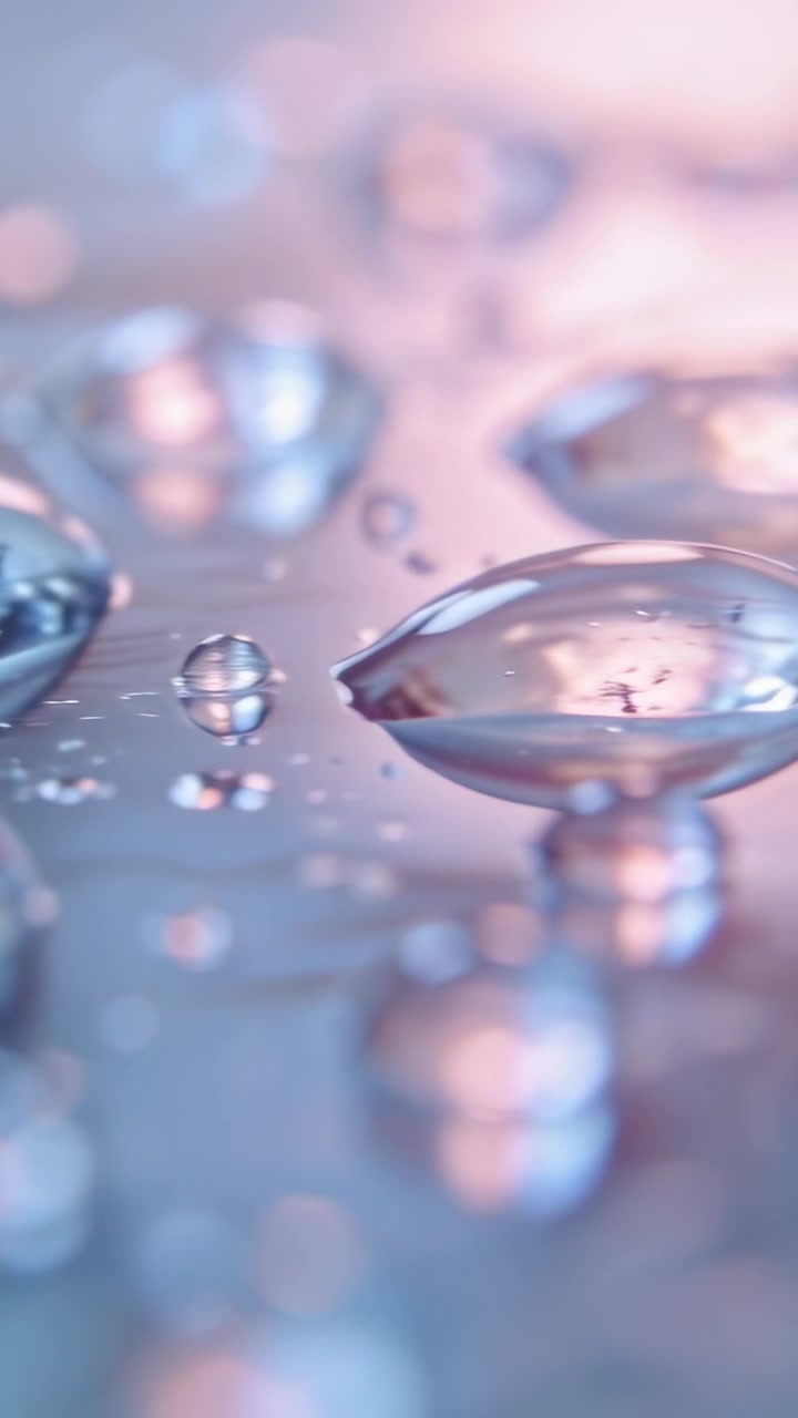 Video vertical: Cámara en movimiento revelando un cúmulo de gotas en una placa de estudio, mostrando un bokeh en tonos pastel.