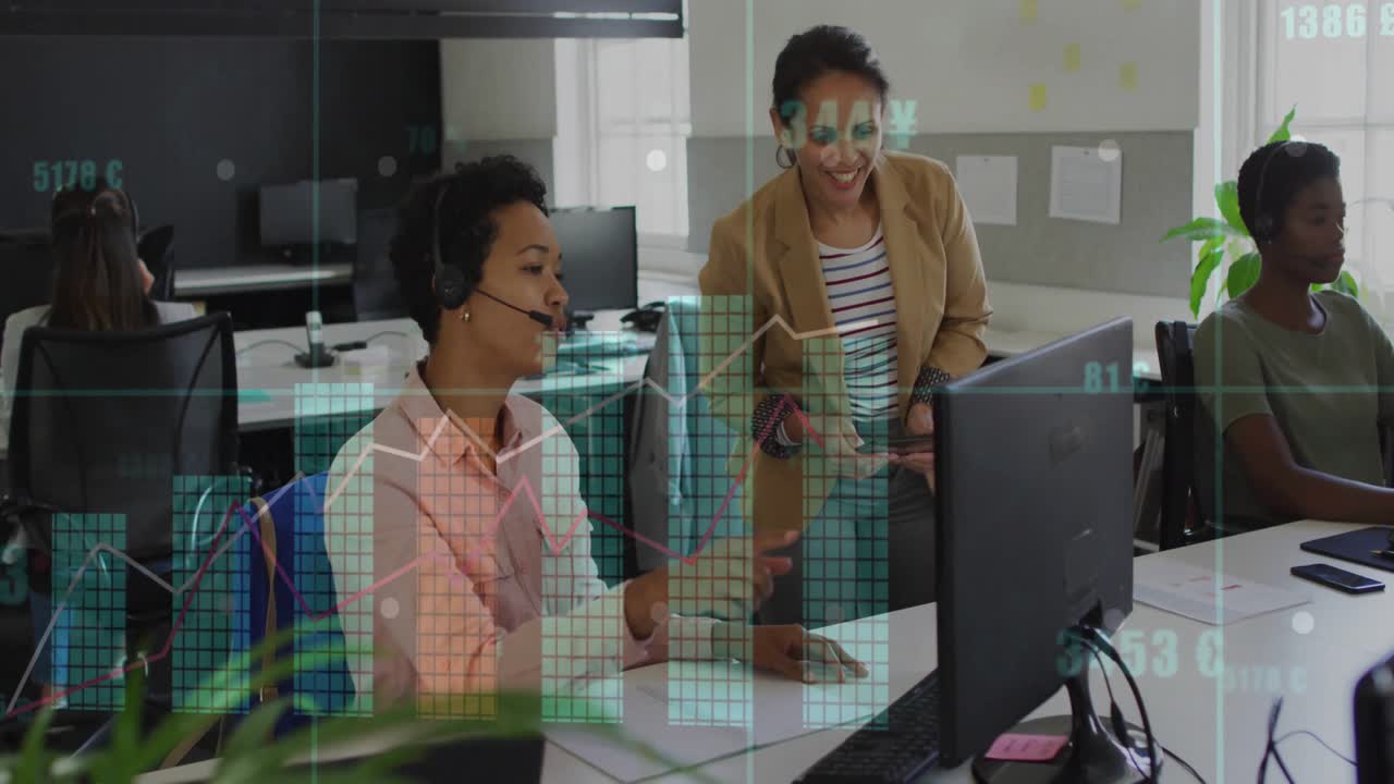 Headset woman greeting smartphone-holding colleague and highlighting business data overlays monitor