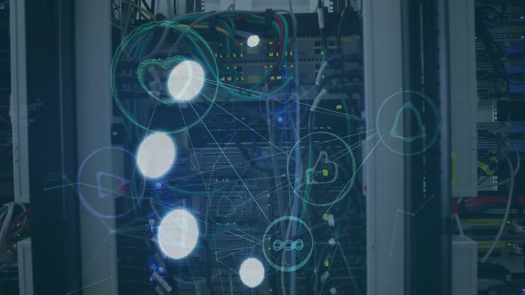 Animation of loading ring over network of connections and server room
