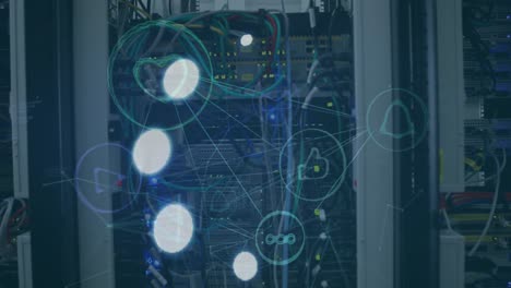 animation of loading ring over network of connections and server room