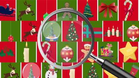 animation of magnifying glass over moving christmas decorations