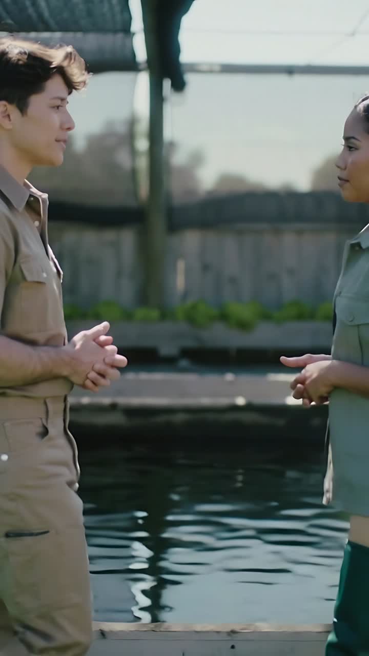 Vertical video: Talking male starting speaking, female listening on dock by pond, green boots