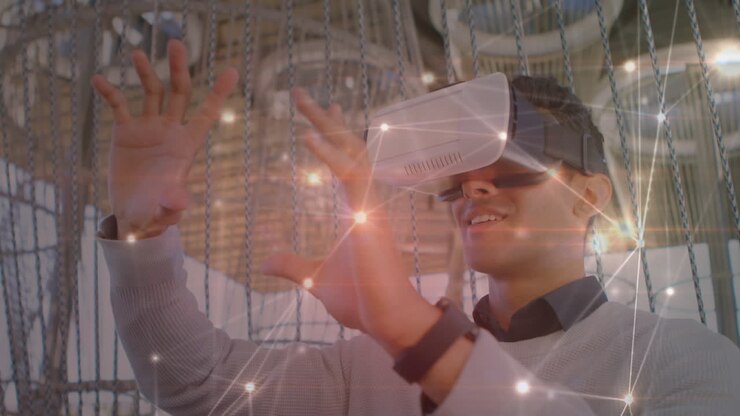 Animation of network of connections over businessman using vr headset