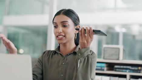 Speaker-phone,-voice-note-and-business-woman