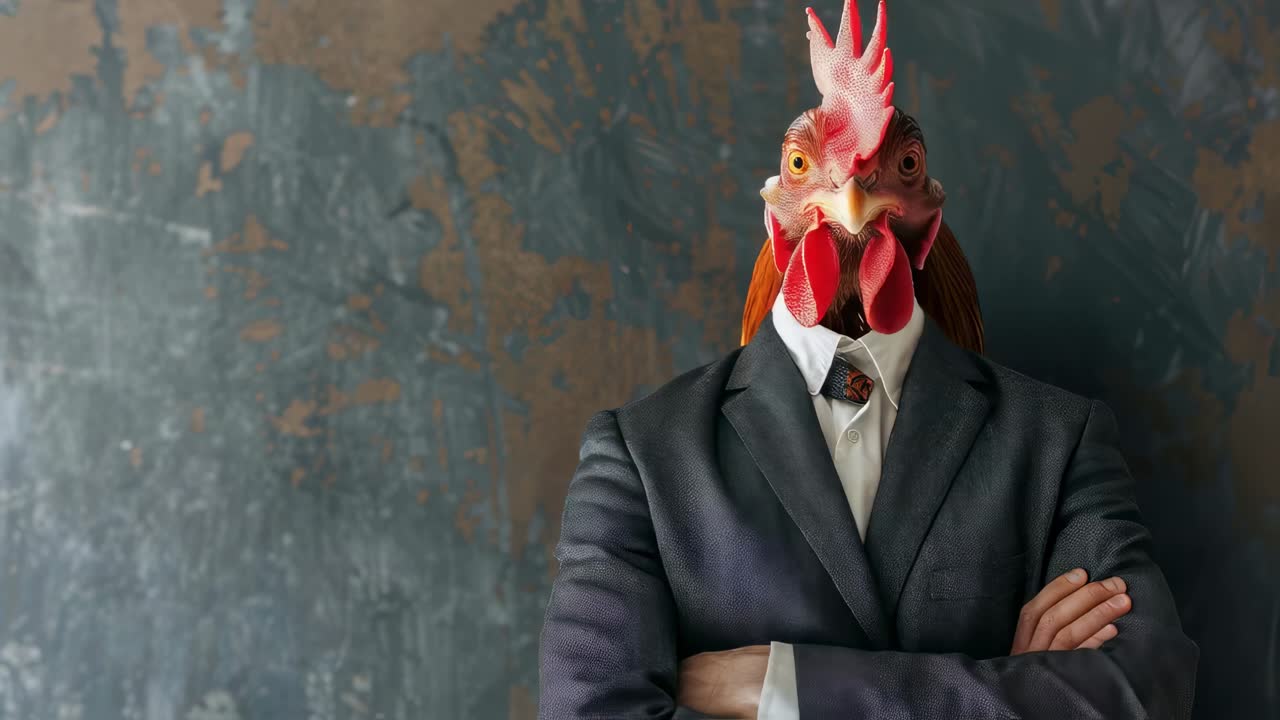 Corporate professional wearing crisp suit standing beside oversized chicken head, embodying absurd workplace creativity with whimsical anthropomorphic visual metaphor