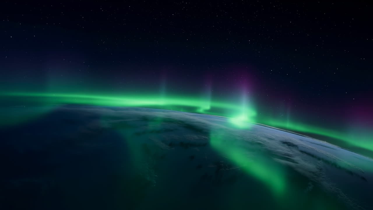 Aurora Borealis di atas orbit bumi, timelapse sinematik K. Cahaya hijau ungu melengkung di atas cakrawala planet.