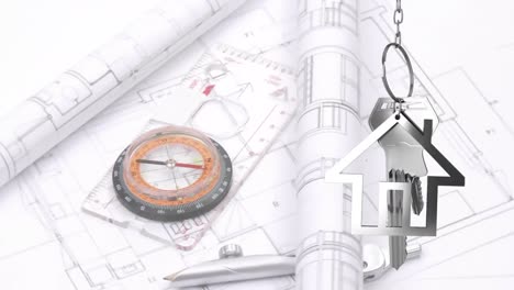 animación de llaves de casas colgantes contra dibujos arquitectónicos giratorios y brújula