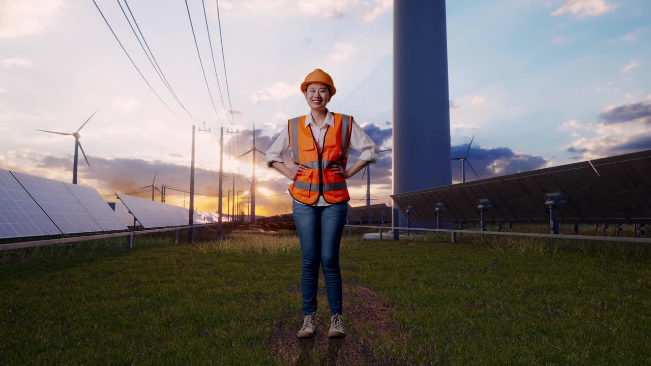Full Body Of Asian Female Engineer Wearing Safety Helmet Looking At Camera While Standing With Arms Akimbo With Solar Panel and Wind Turbines