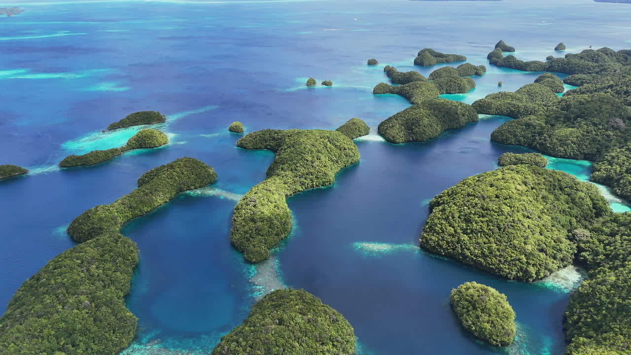 Stunning drone orbiting wide shot to expose the serene turquoise coastline and small tropical islands around Palau. Wide circlings revealing drone shot