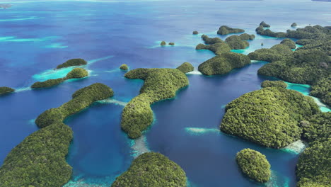 stunning drone orbiting wide shot to expose the serene turquoise coastline and small tropical islands around palau. wide circlings revealing drone shot