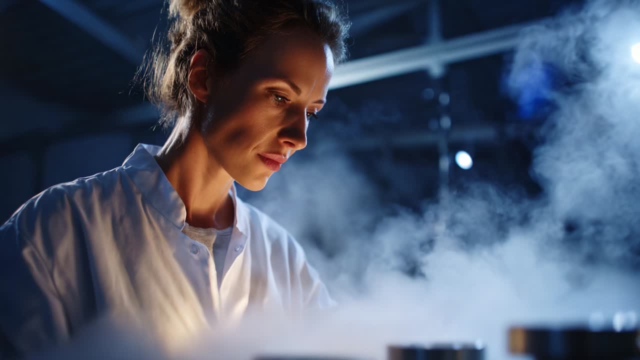 Focused scientist in a lab setting, surrounded by steam and equipment, intensely investigating a scientific process in a dimly lit environment, showcasing concentration and dedication to research