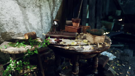 a rustic, abandoned interior with a wooden table, chairs, and various old items