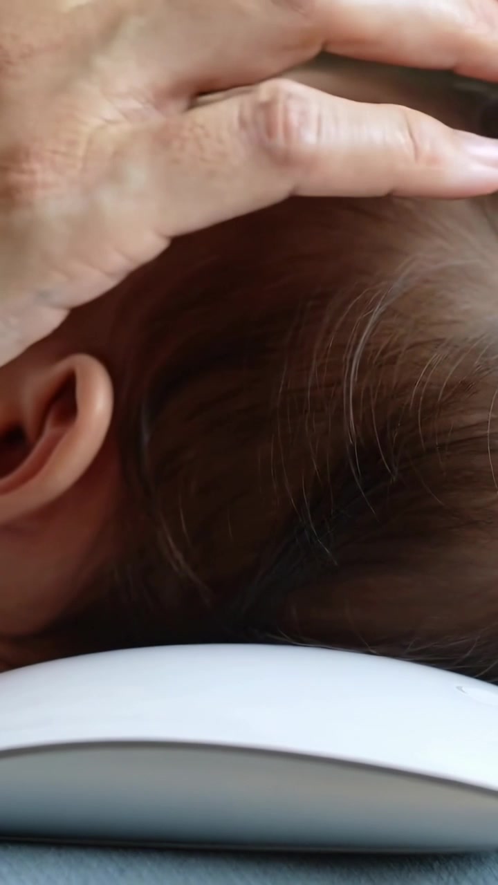 Video verticale: Mano di un genitore che si allunga e culla la testa di un neonato su un supporto per la testa bianco a casa, rassicurandolo.
