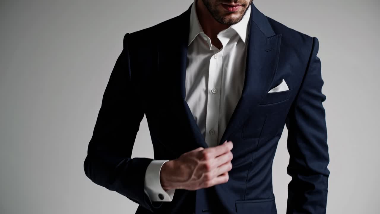 Un uomo elegante in abito blu navy e camicia bianca, ripreso da una angolazione bassa