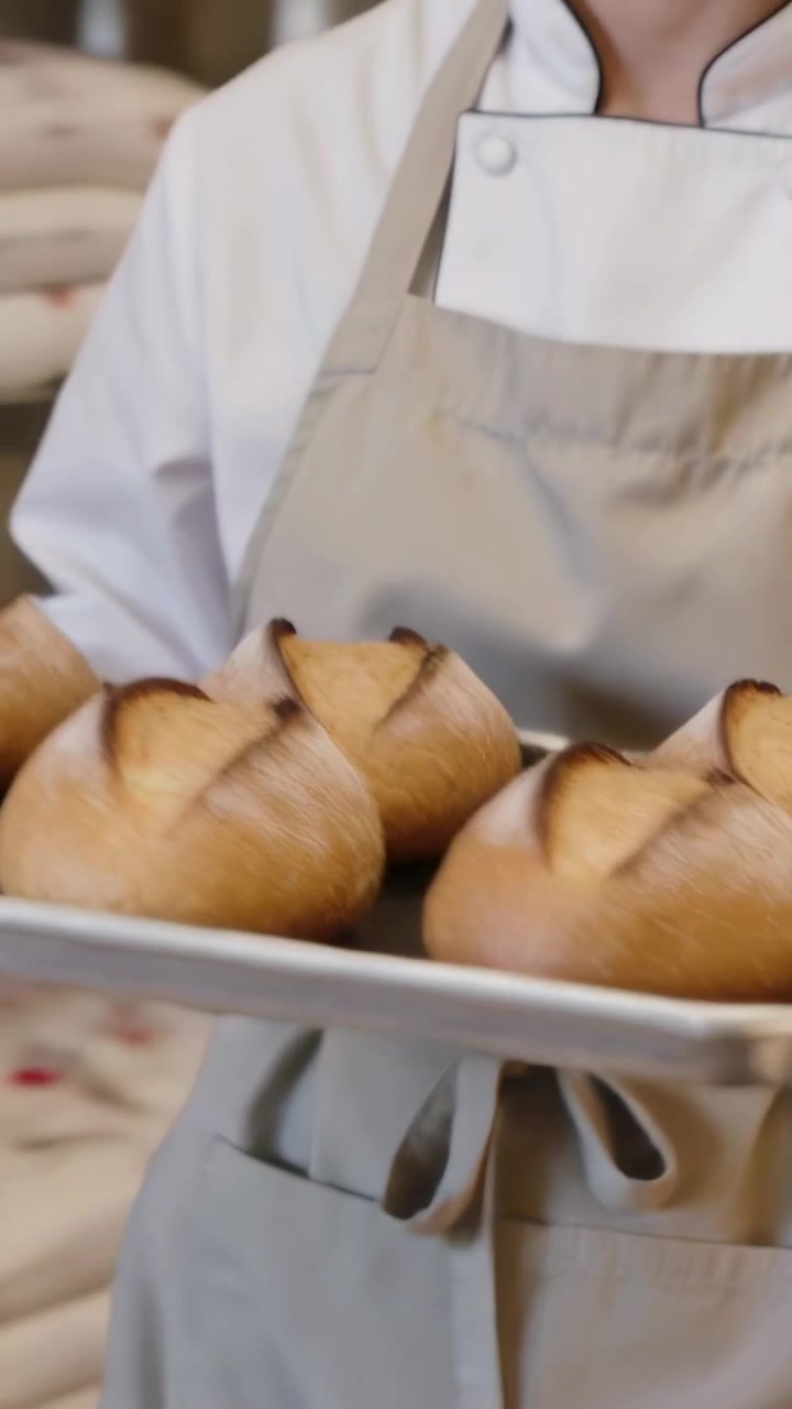 Video verticale: Panettiere in giacca bianca che prende un vassoio dalla rastrelliera in panetteria, tenendo sei pagnotte