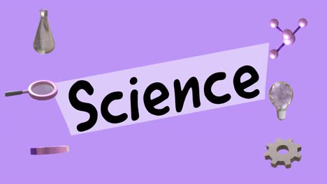 Animation-of-education-icons-with-science-text-over-purple-background