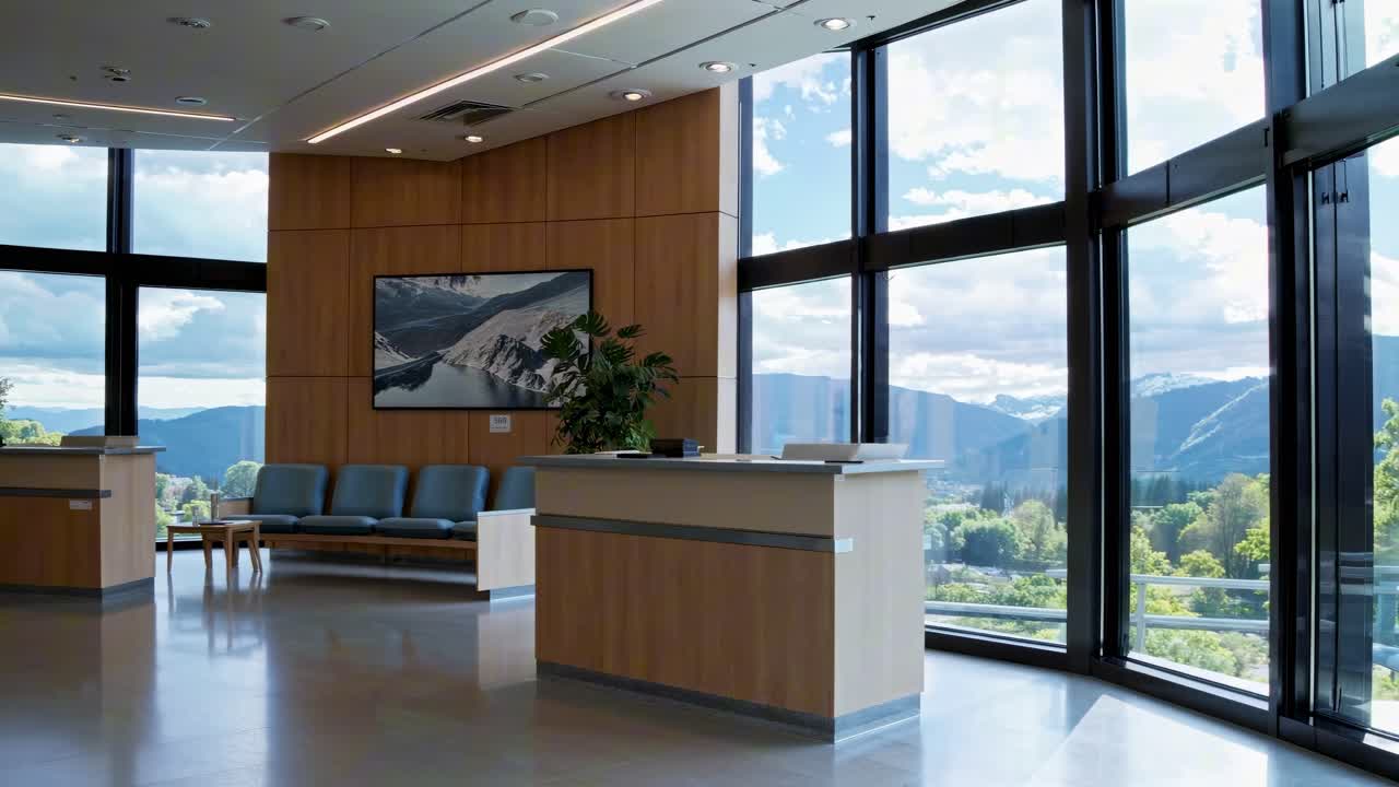 Moderne Lobby mit Panoramafenstern und Bergblick. Weitwinkelaufnahme fängt schlankes Design ein. Ideal