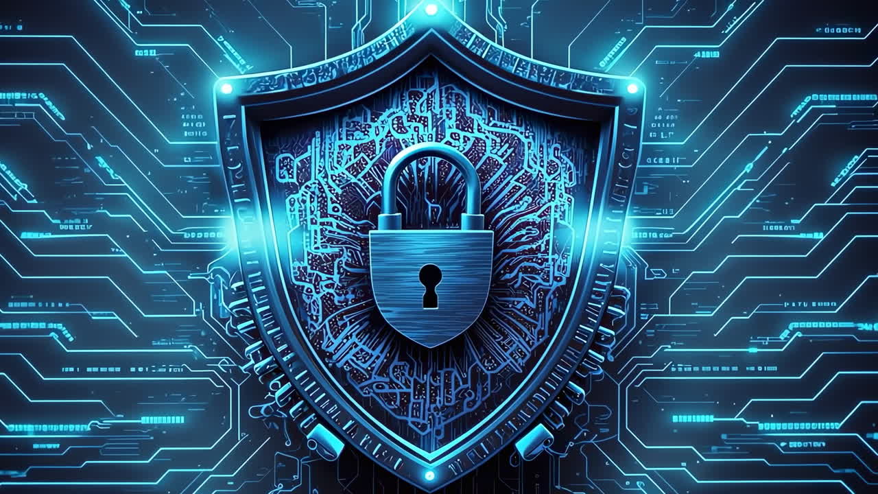 Cybersecurity Shield with Padlock on Digital Circuit Board Background