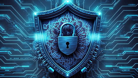 cybersecurity shield with padlock on digital circuit board background