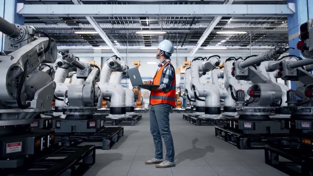 ingeniero que usa una computadora portátil para monitorear brazos robóticos en una fábrica