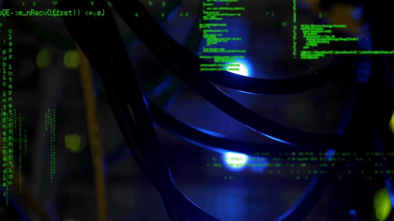 Animation of data processing over close up of computer server