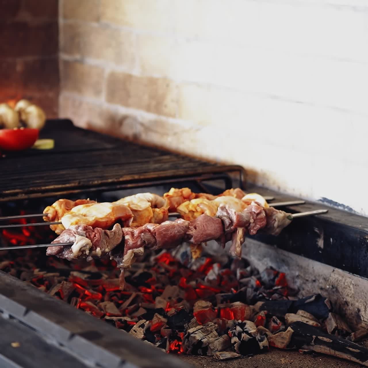 Meat on grill on skewers