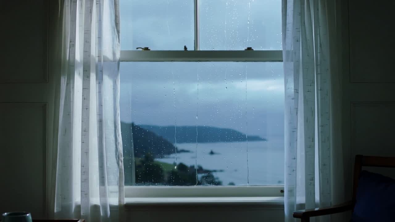 Starting rain, forming raindrops then streaks on sash window in coastal room, with mug and chair