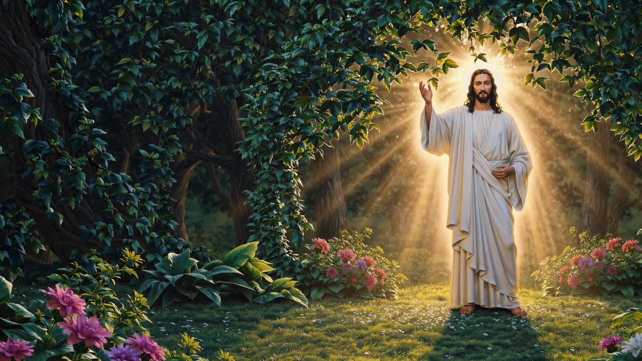 Una figura divina in una veste bianca si erge in un giardino lussureggiante, illuminato da una luce radiosa