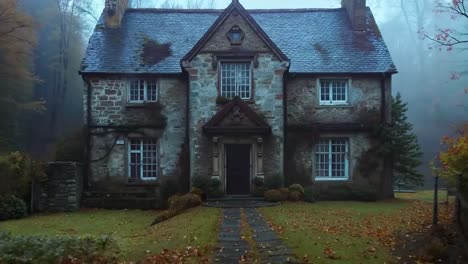 a large stone house in the middle of a foggy forest