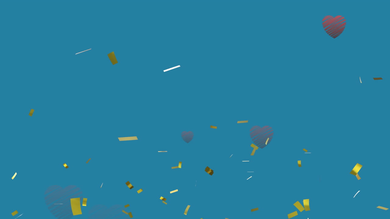 파란색 배경에 떨어지는 금색 콘페티와 회색 심장 풍선의 애니메이션