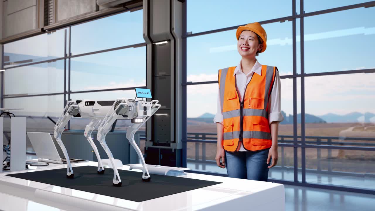 полный вид тела азиатской инженеры с защитным шлемом, оглядывающейся, стоя на высокотехнологичном заводе, анализируя концепцию робототехники