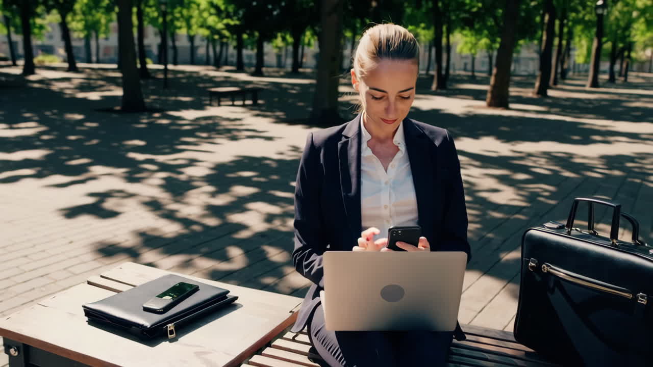 Affärskvinna som arbetar på distans med en bärbar dator och smartphone i en park.