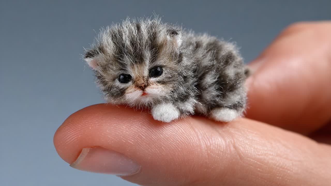 Adorable Miniature Kitten Delicately Balancing on a Finger, Showcasing Its Fluffy Fur and Endearing Expression in a Close-Up Perspective